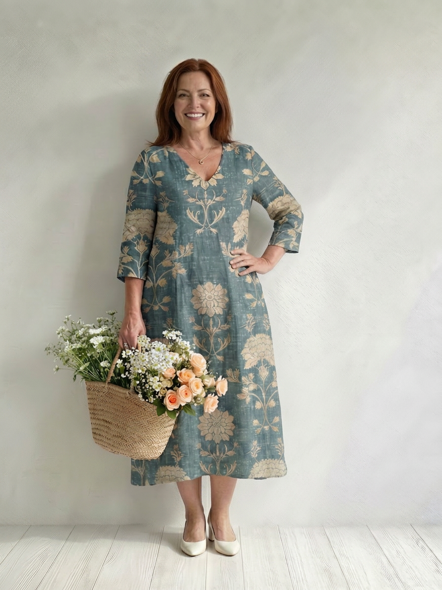 Aldecine | Women's Floral Print Midi Dress - Teal - Image 1