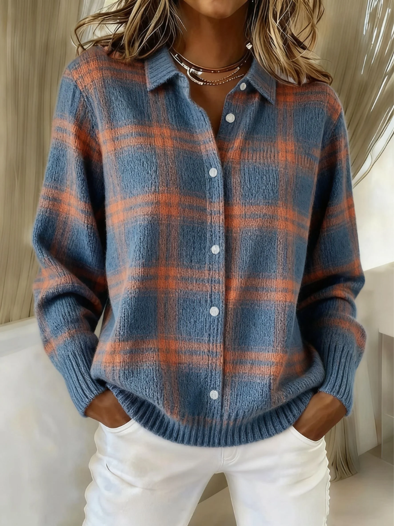 Aldecove | Women's Plaid Button-Up Cardigan - Blue - Image 1