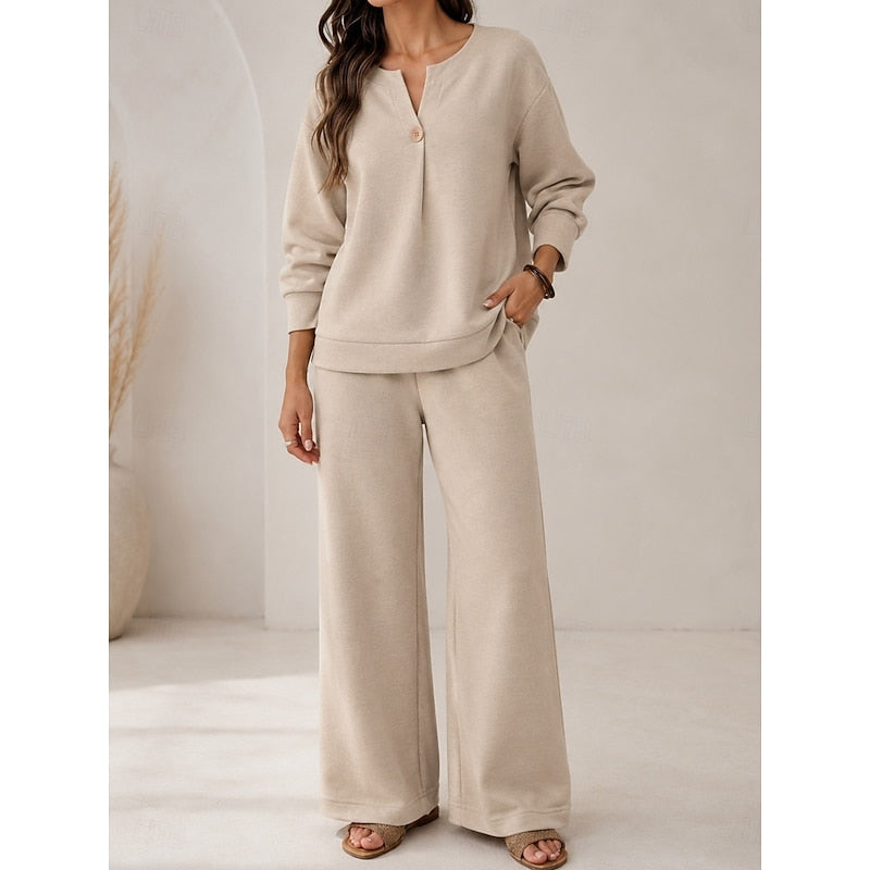 Aldenmara | Women's Wide Leg Trousers Loungewear Set - Beige - Image 1