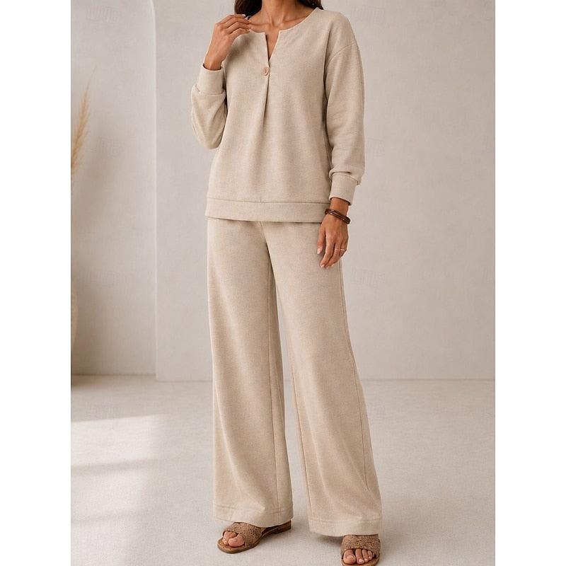 Aldenmara | Women's Wide Leg Trousers Loungewear Set - Beige - Image 2