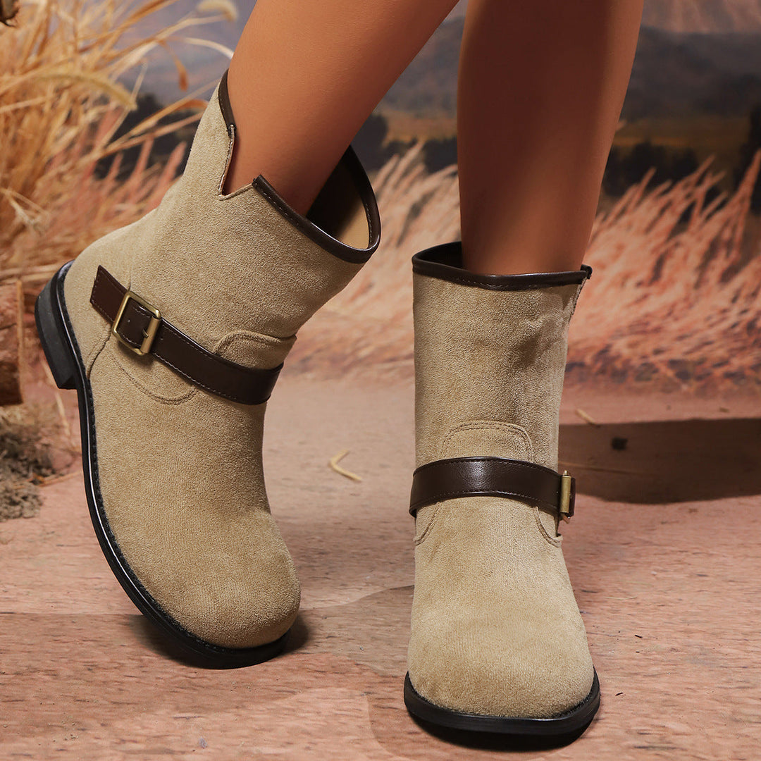 Aldenvere | Women's Suede Ankle Boots Buckle Detail - Beige - Image 1
