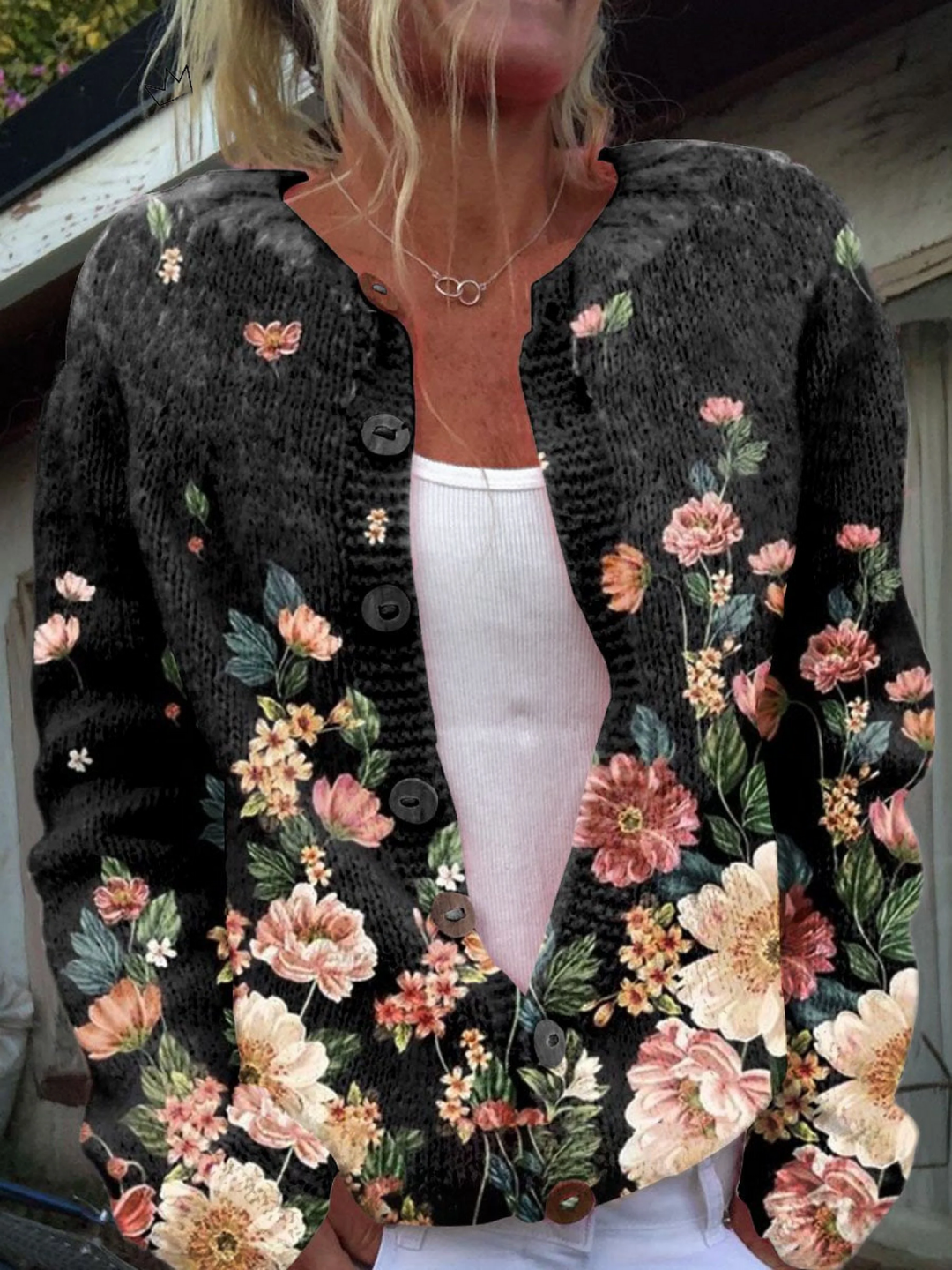 Aldoveth | Women's Floral Print Cardigan - Black - Image 1