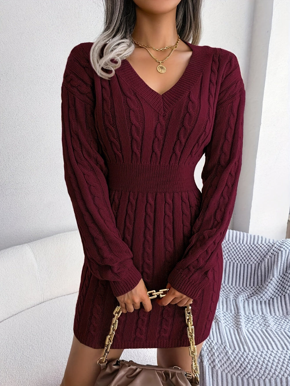 Aldovine | Women's Cable Knit Jumper Dress - Burgundy - Image 2