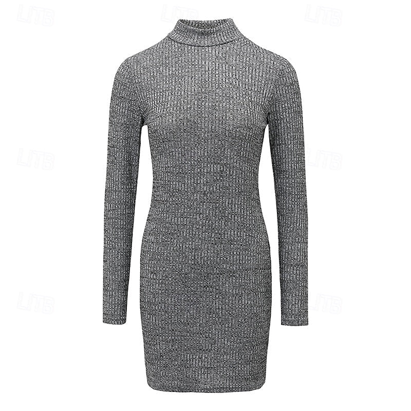 Arvelle | Women's Ribbed Jumper Dress Turtleneck Mini - Dark Grey - Image 2