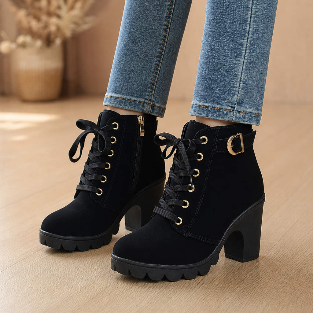 Briallen | Women's Chunky Block Heel Ankle Boots - Black - Image 1