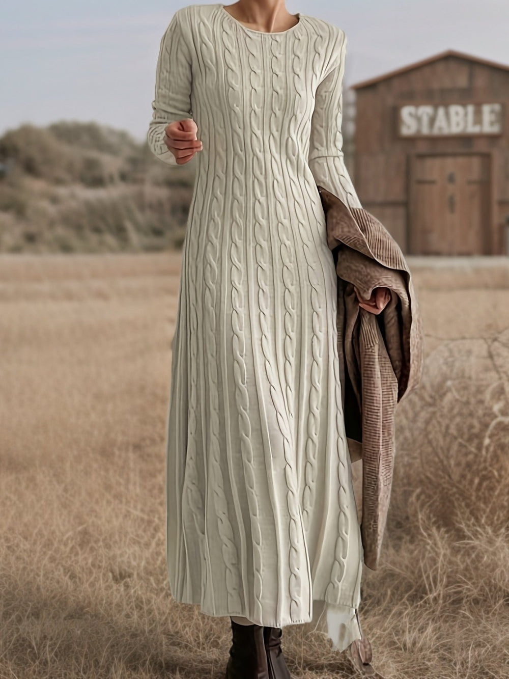 Calantha | Women's Cable Knit Maxi Jumper Dress - Cream - Image 2