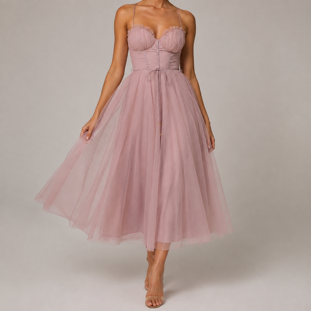 Calantha | Women's Tulle Midi Dress Corset Bodice - Pink - Image 1