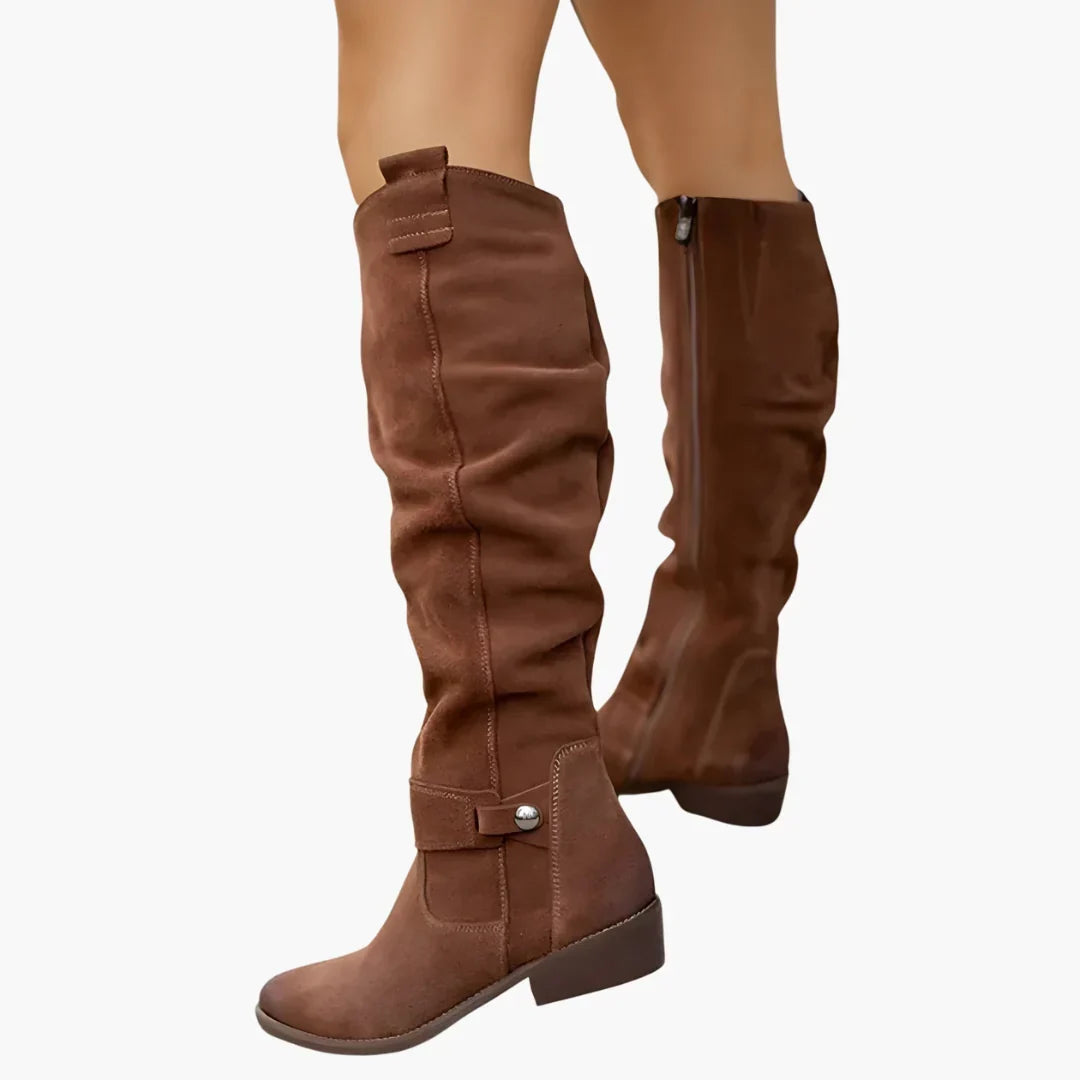 Caldene | Women's Knee-High Boots Side Zip - Brown - Image 1