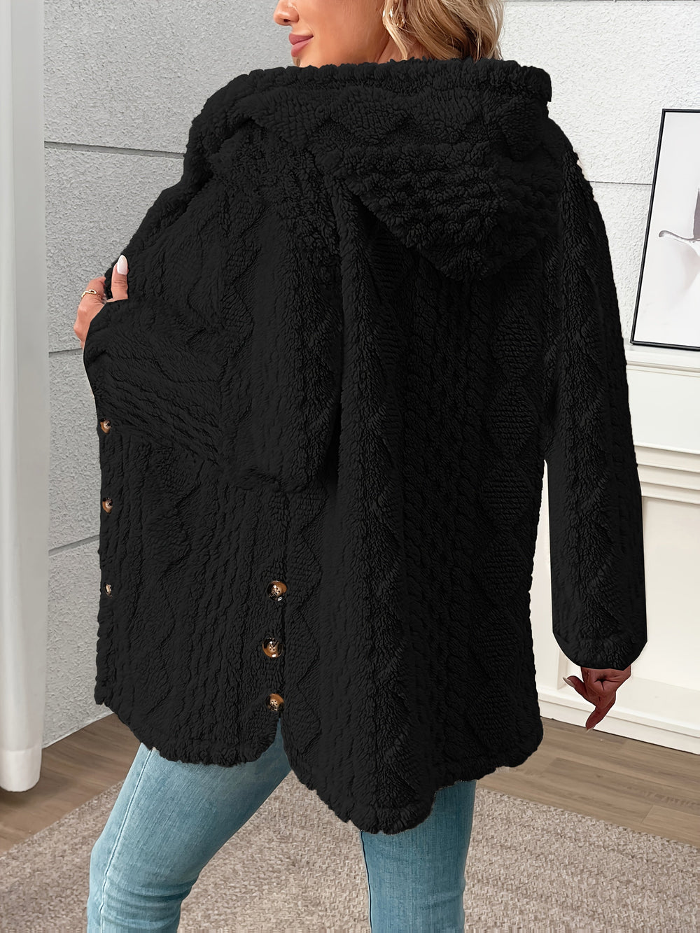Caldine | Women's Hooded Sherpa Winter Coat - Black - Image 2