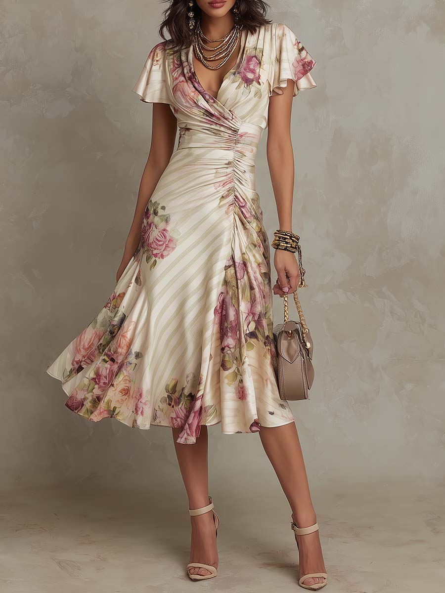 Caldowyn | Women's Floral Ruched Wrap Midi Dress - Cream - Image 1
