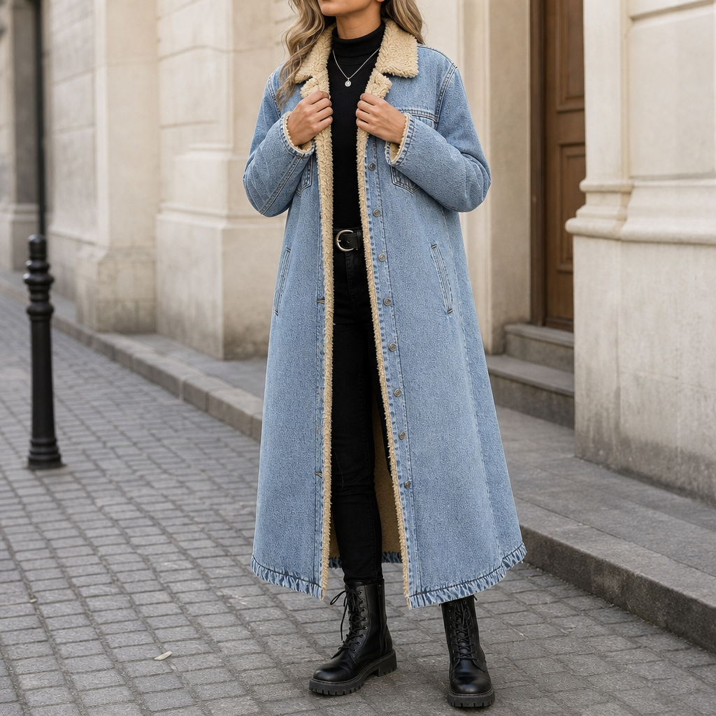 Caldvere | Women's Winter Coat Long Sherpa Denim - Light Blue - Image 1