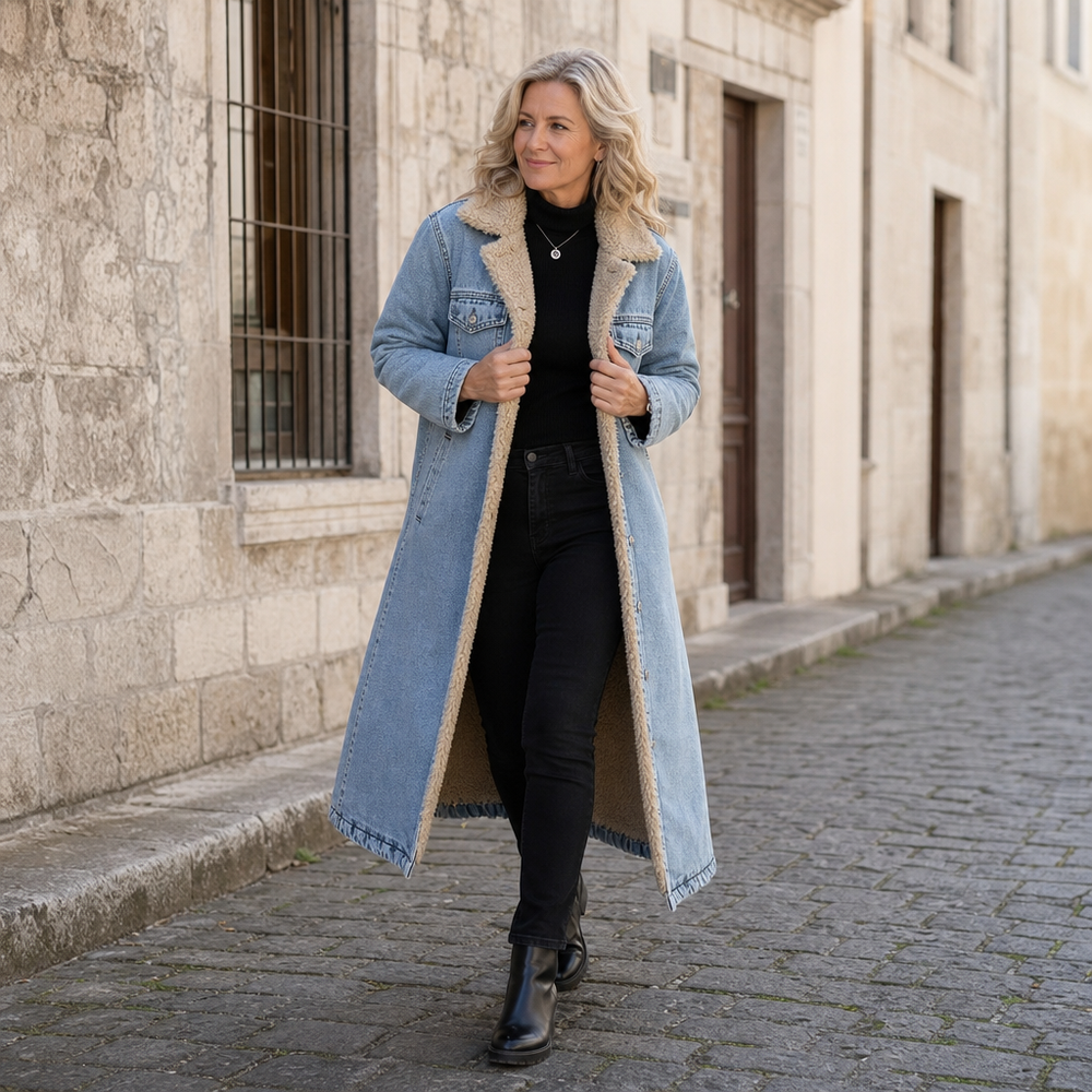 Caldvere | Women's Winter Coat Long Sherpa Denim - Light Blue - Image 2