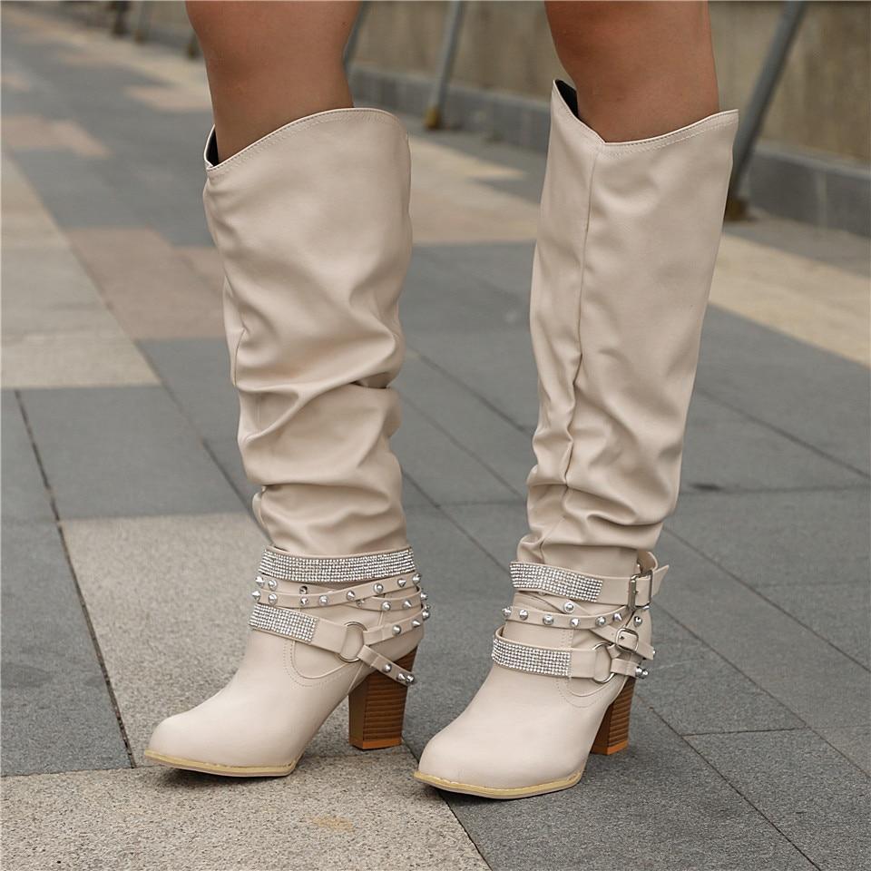 Calvaine | Women's Knee-High Slouchy Block Heel Boots - Brown - Image 2