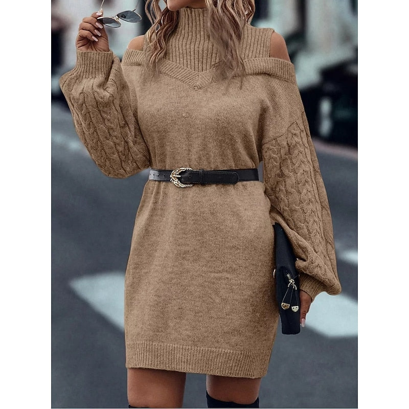 Calveth | Women's Cold Shoulder Jumper Dress - Camel - Image 2
