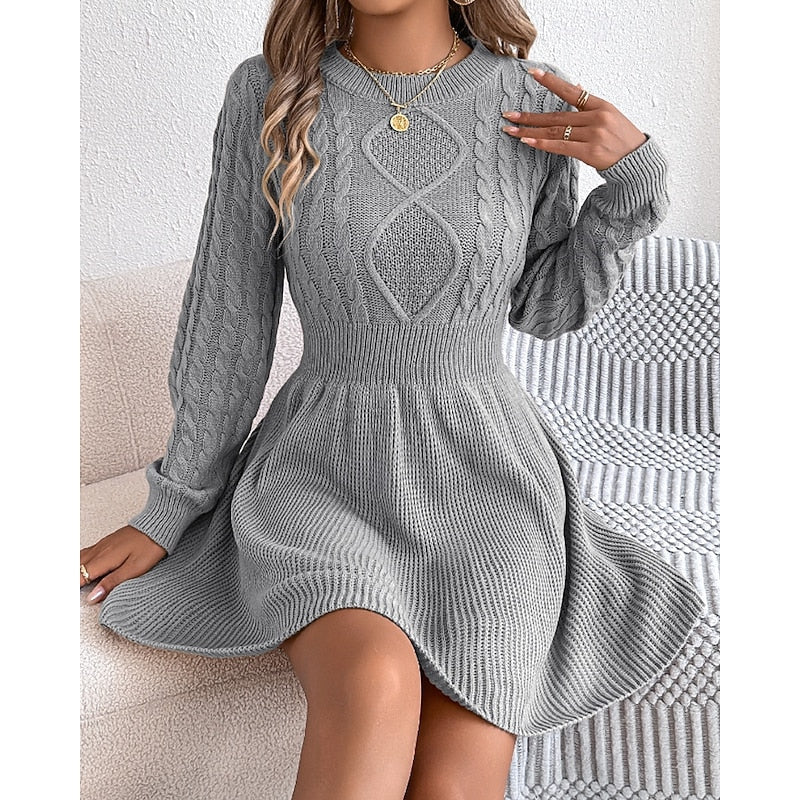 Colvara | Women's Cable Knit Jumper Dress Mini - Grey - Image 1