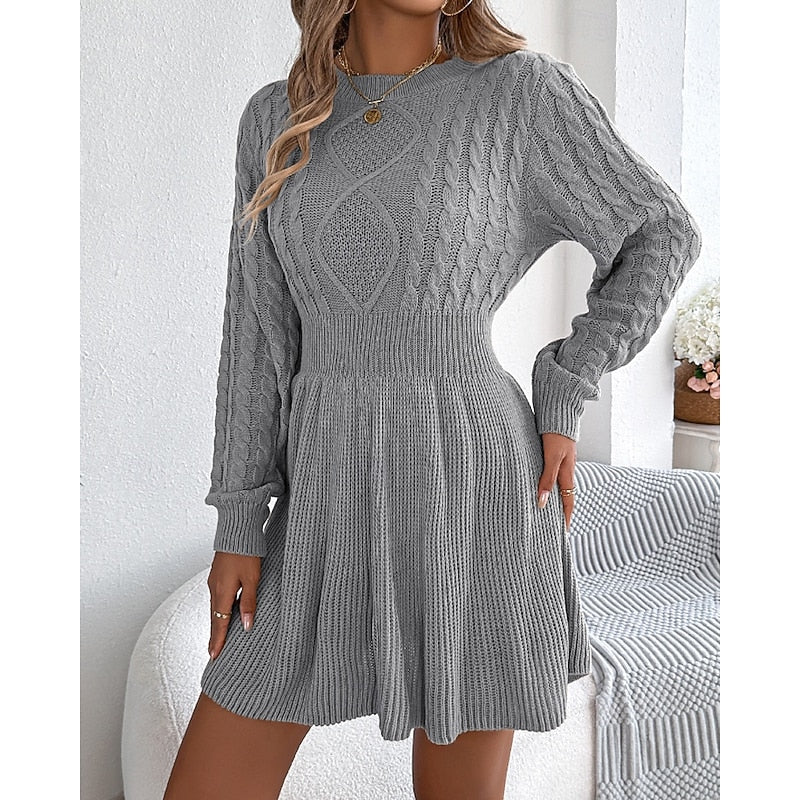 Colvara | Women's Cable Knit Jumper Dress Mini - Grey - Image 2