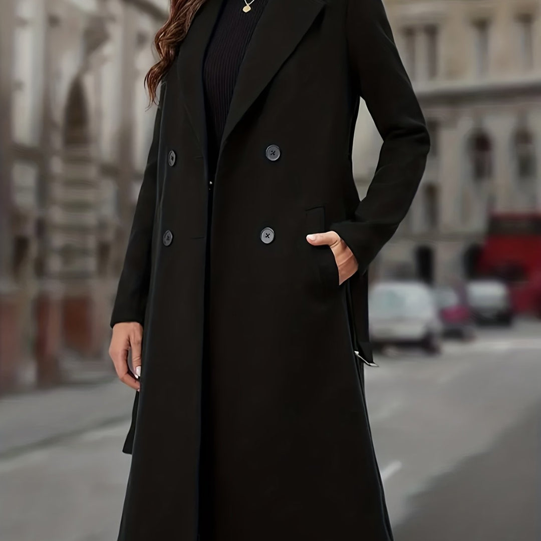 Corinthea | Women's Winter Coat Double-Breasted Longline - Black - Image 1