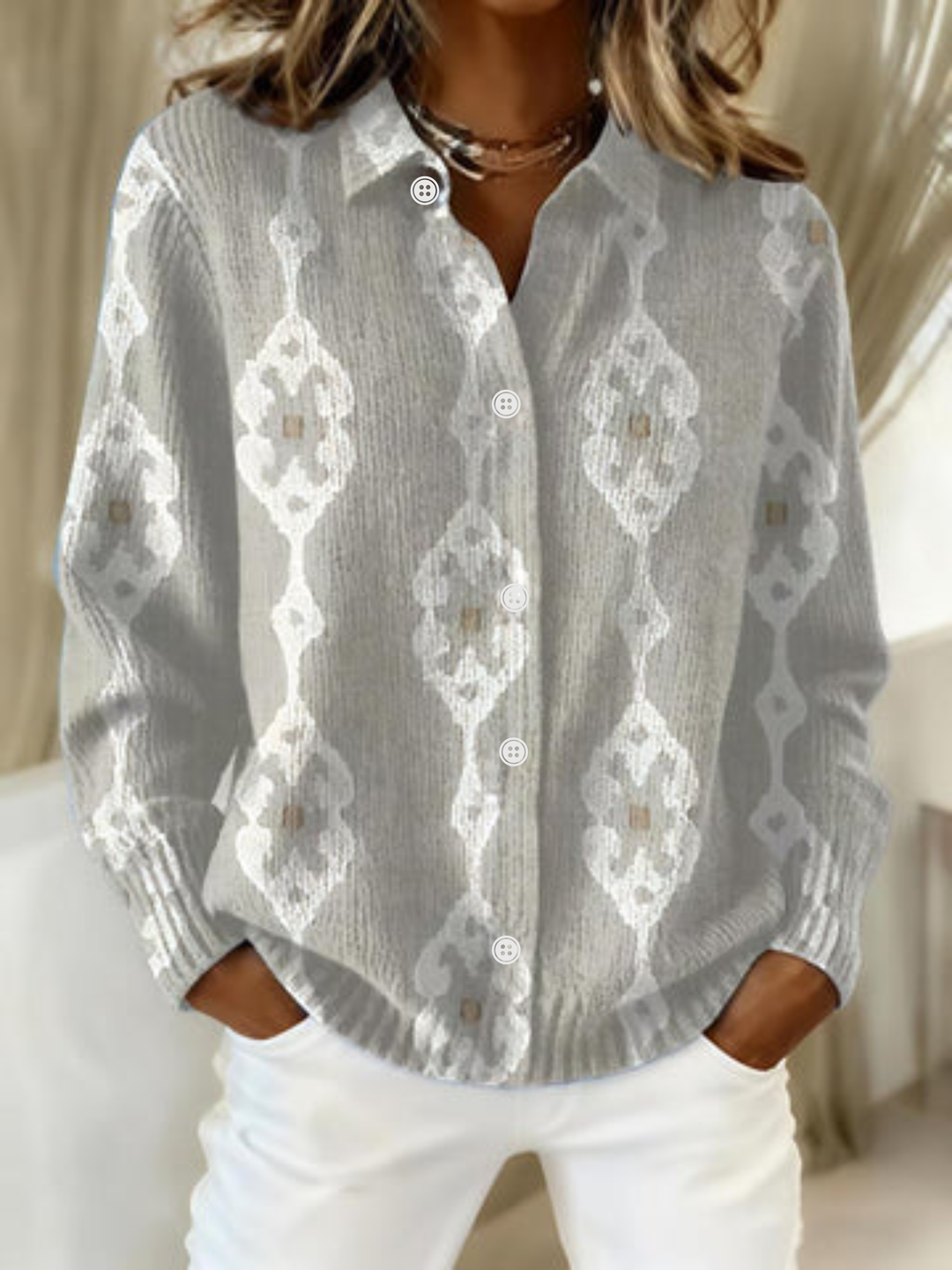 Corvella | Women's Geometric Print Cardigan - Light Grey - Image 1