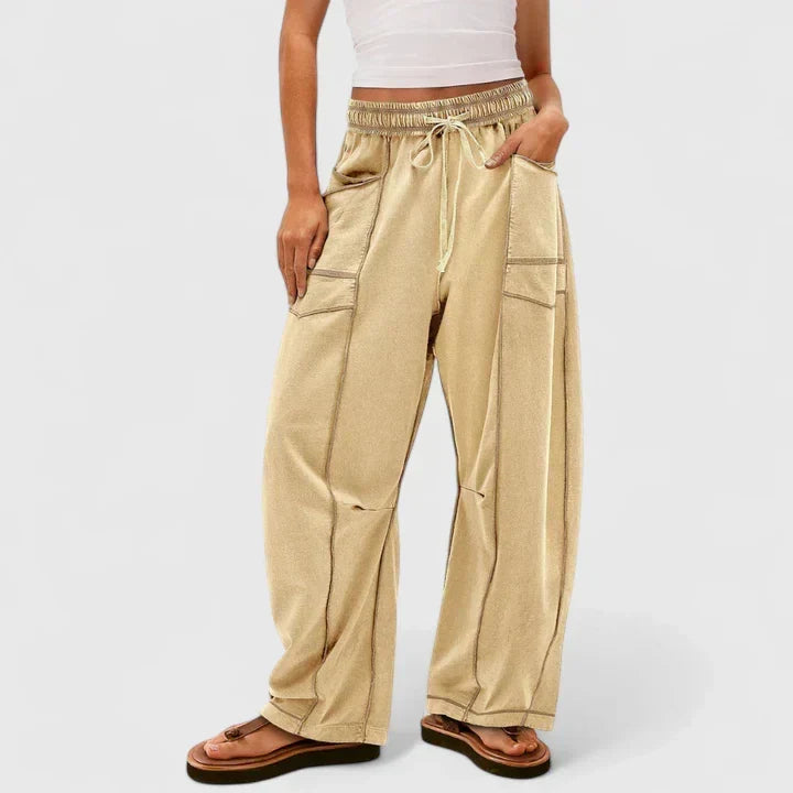 Corvindel | Women's Wide Leg Drawstring Trousers - Brown - Image 2