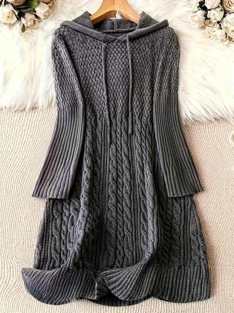 Corvwyn | Women's Hooded Cable Knit Jumper Dress - Grey - Image 1