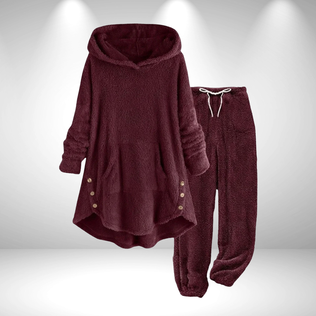 Delvara | Women's Fluffy Hooded Tunic Lounge Set - Burgundy - Image 1