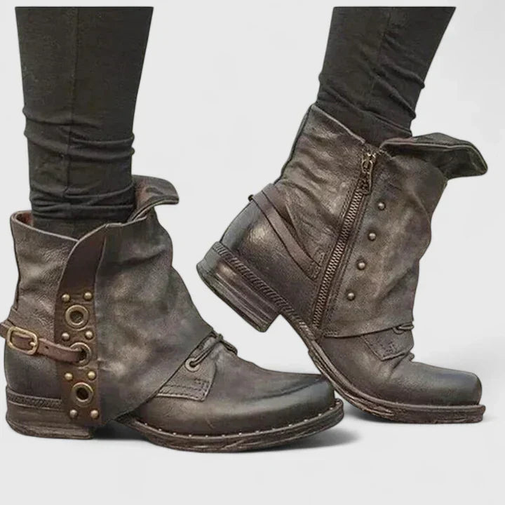 Drevorne | Women's Vintage Ankle Boots with Buckle Detail - Dark Brown - Image 1