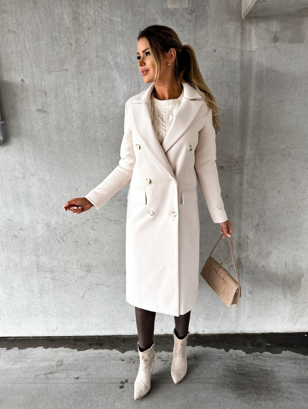 Elorine | Women's Winter Coat Double-Breasted Midi - Cream - Image 1