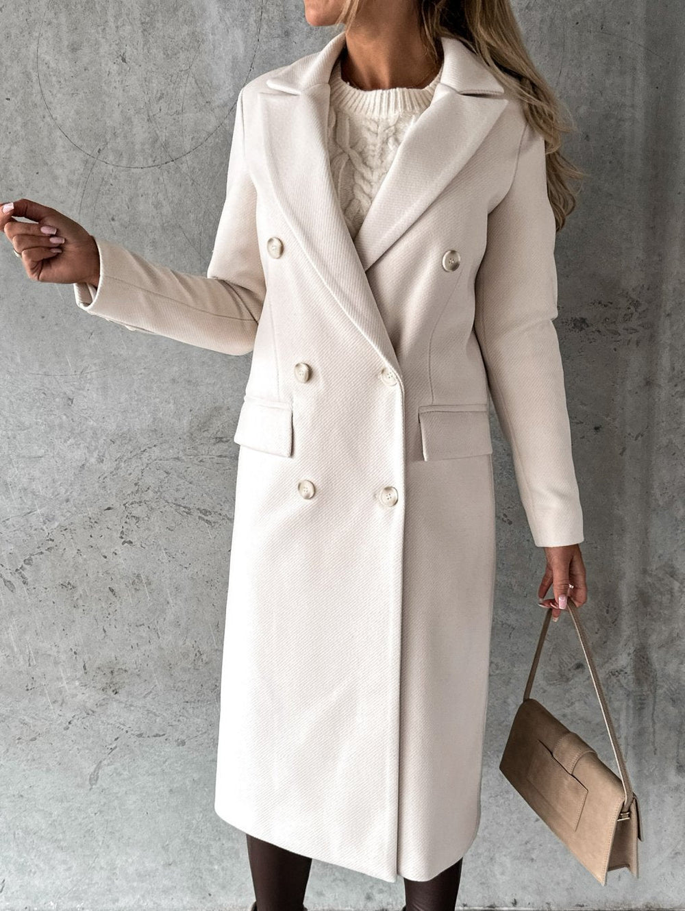 Elorine | Women's Winter Coat Double-Breasted Midi - Cream - Image 2