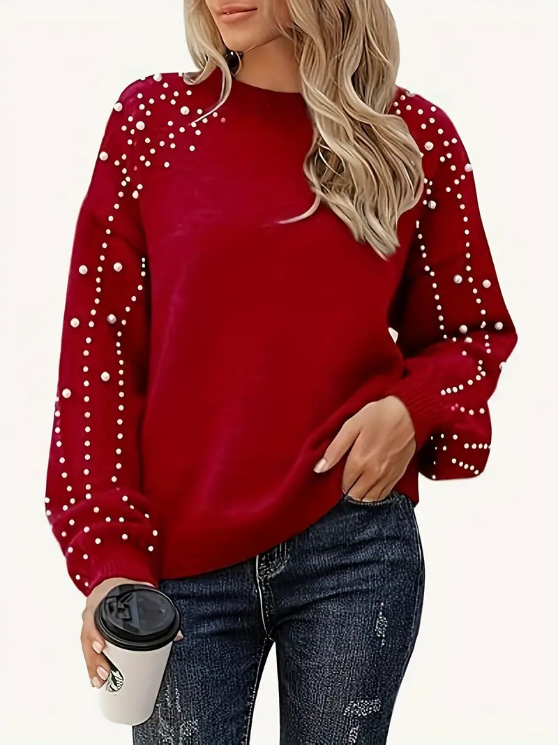 Elowen | Women's Pearl Embellished Oversized Jumper - Red - Image 1