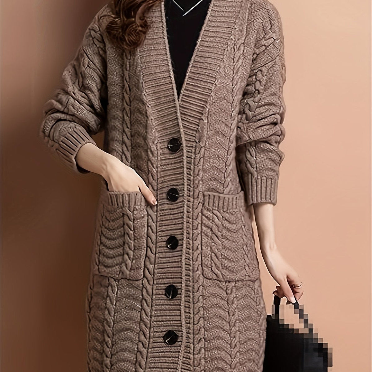 Eulalie | Women's Oversized Cable Knit Longline Cardigan - Taupe - Image 1