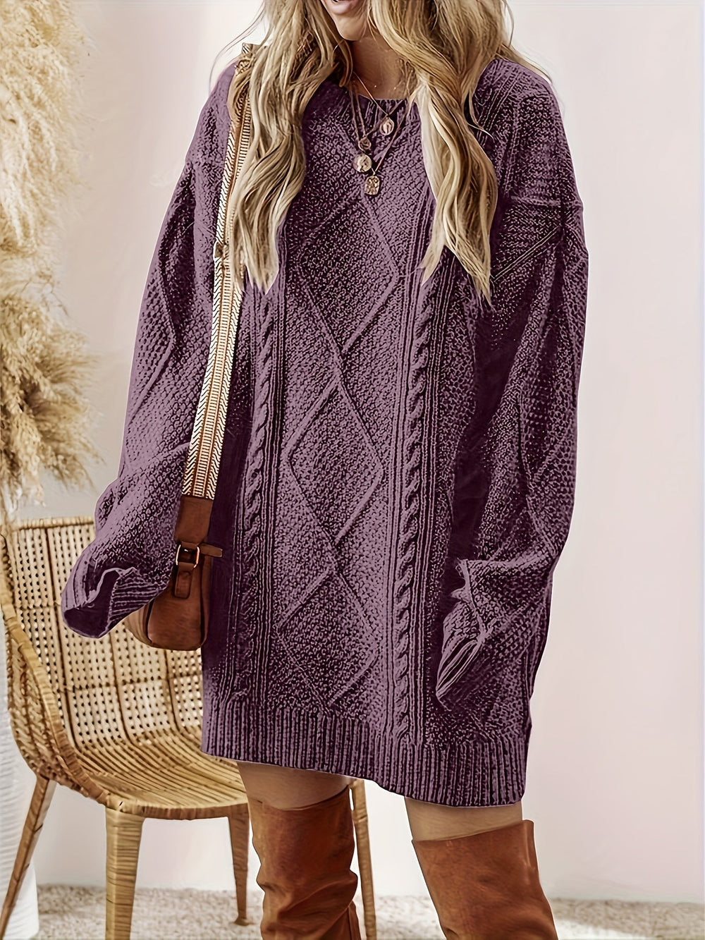 Fennara | Women's Cable Knit Jumper Dress - Purple - Image 2