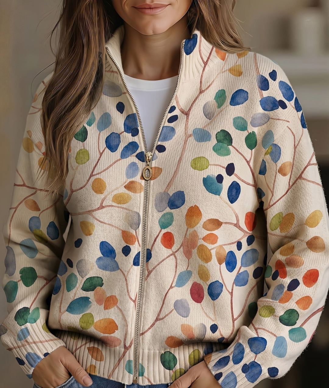 Floraith | Women's Botanical Print Zip-Up Cardigan - Cream - Image 1