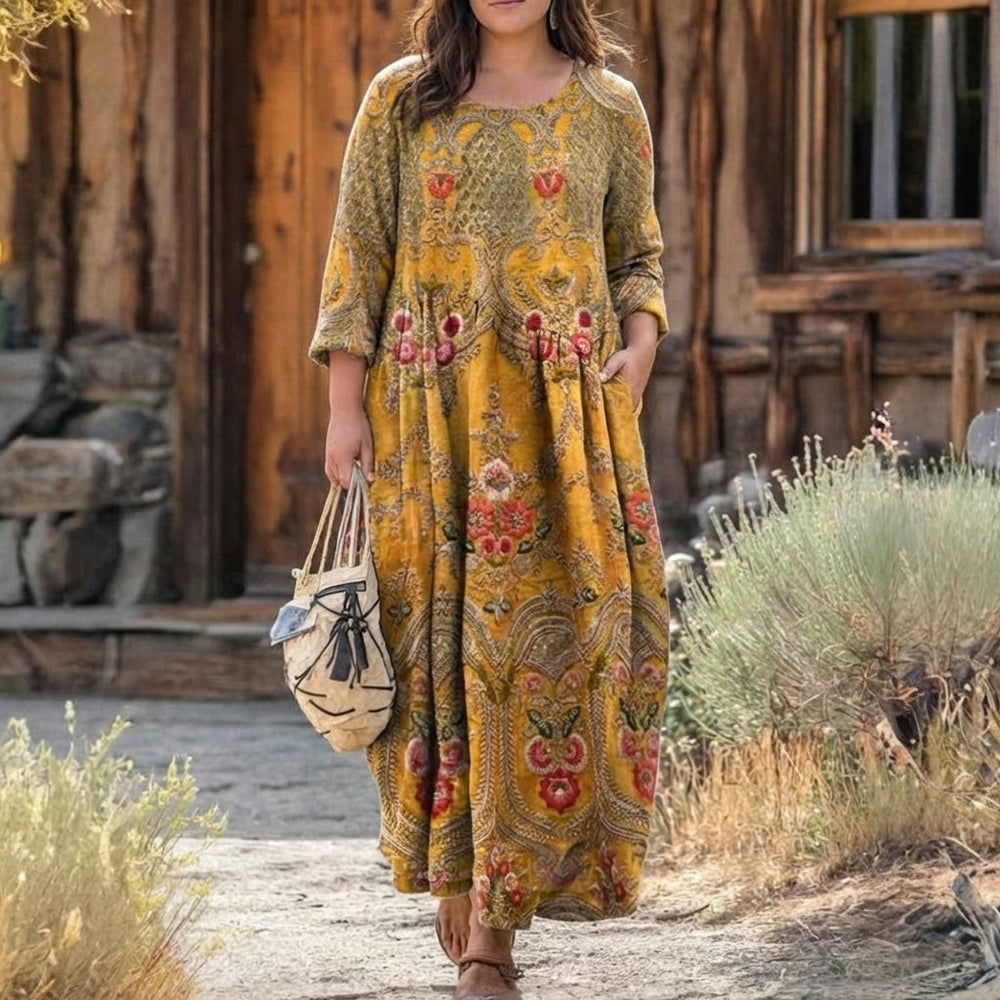 Floriска | Women's Boho Floral Midi Dress Long Sleeve - Mustard - Image 2