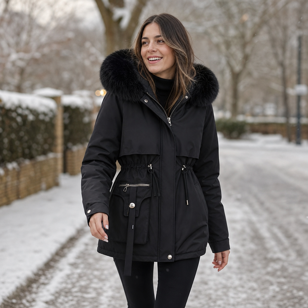 Halvaine | Women's Faux Fur Hood Winter Coat - Black - Image 2