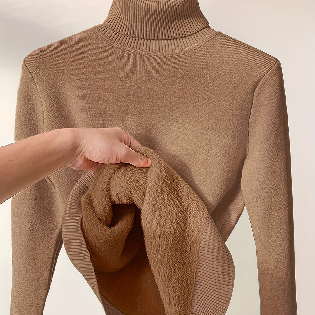 Halvena | Women's Fleece-Lined Turtleneck Jumper - Camel - Image 1