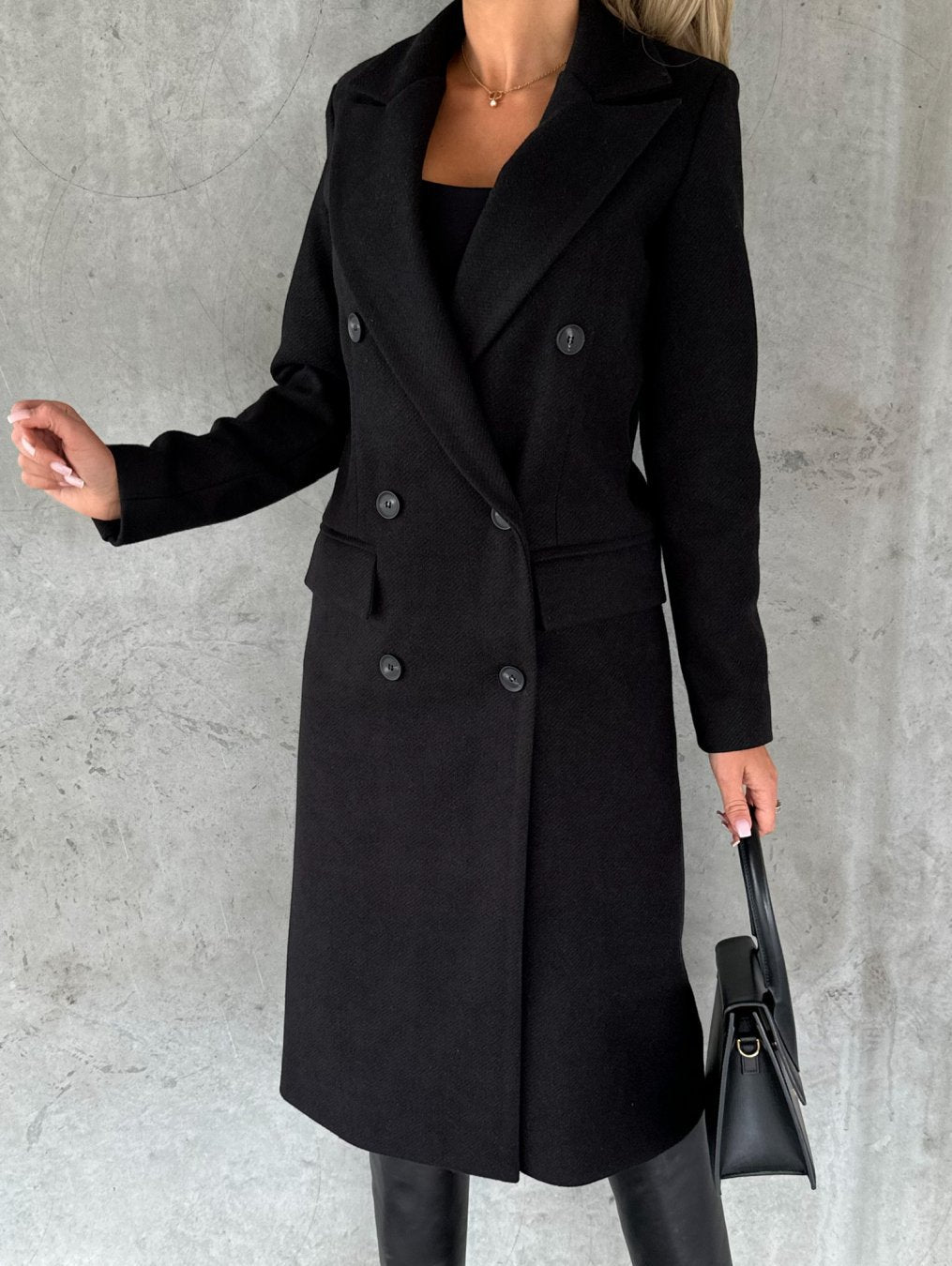 Halveth | Women's Double-Breasted Long Winter Coat - Black - Image 1