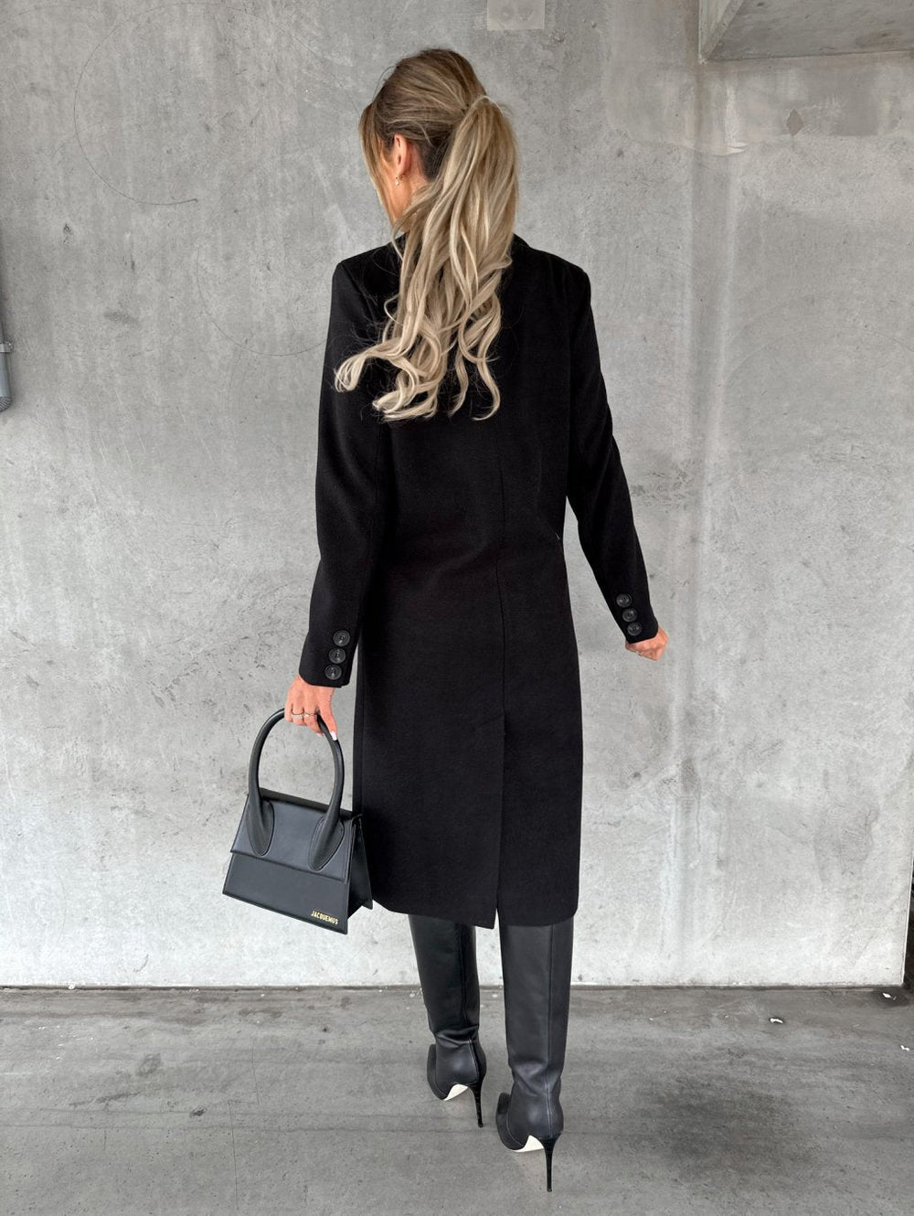 Halveth | Women's Double-Breasted Long Winter Coat - Black - Image 2