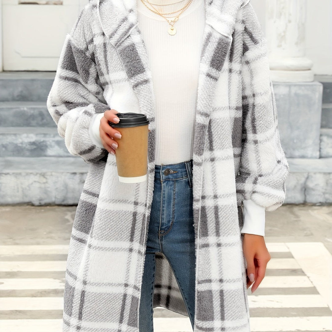 Halveth | Women's Plaid Hooded Fleece Cardigan - Grey - Image 1
