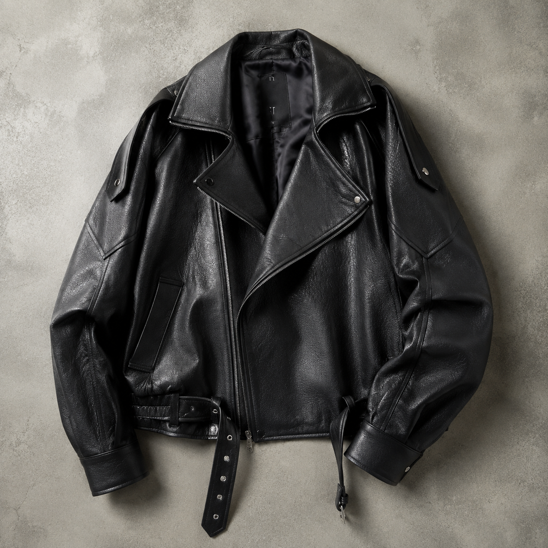 Halvindra | Women's Oversized Leather Biker Jacket - Black - Image 1