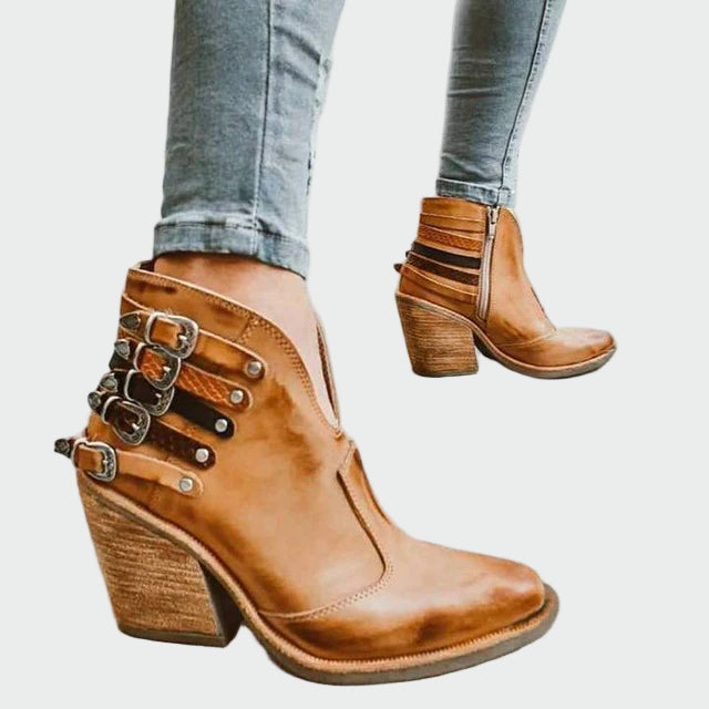 Halvorn | Women's Buckle Ankle Boots Block Heel - Black - Image 2
