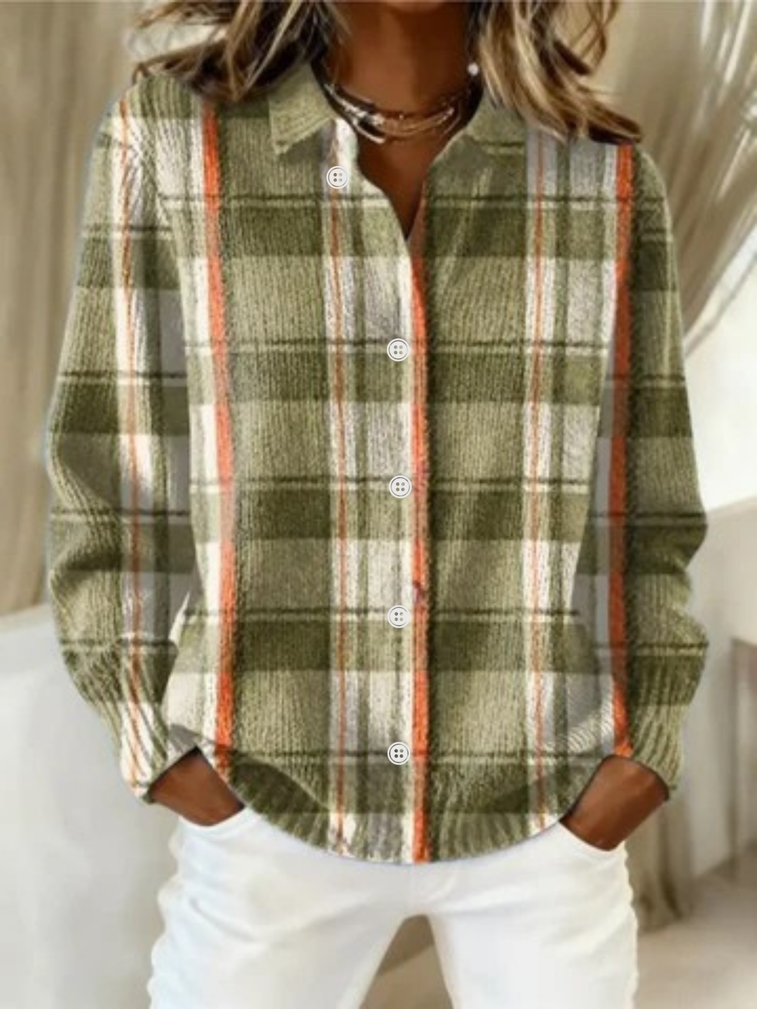 Marlowe | Women's Plaid Flannel Cardigan - Olive Green - Image 1