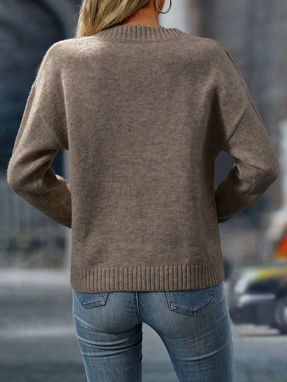 Mireille | Women's Oversized V-Neck Knit Jumper - Taupe - Image 2