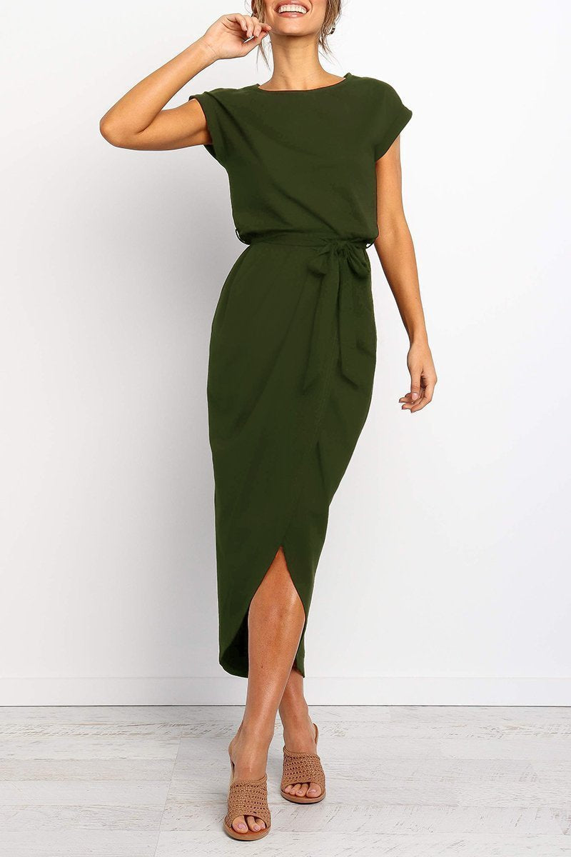 Orvaine | Women's Midi Dress Tie Waist Cap Sleeve - Light Grey - Image 2