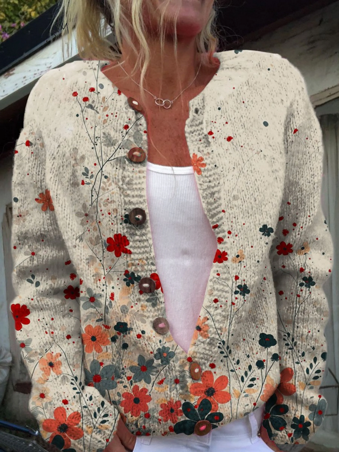Orvella | Women's Floral Print Open Front Cardigan - Cream - Image 1