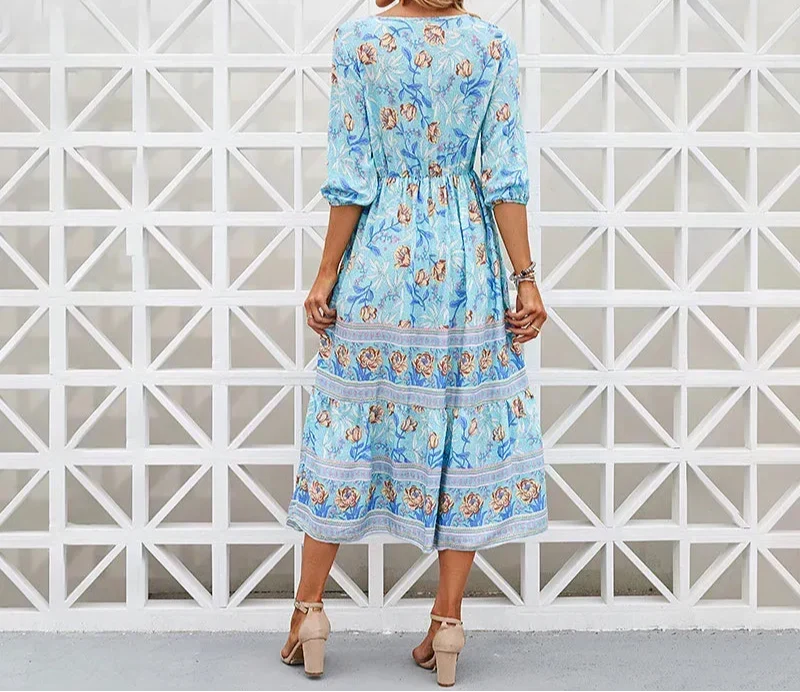 Orvena | Women's Boho Midi Dress - Light Blue - Image 2