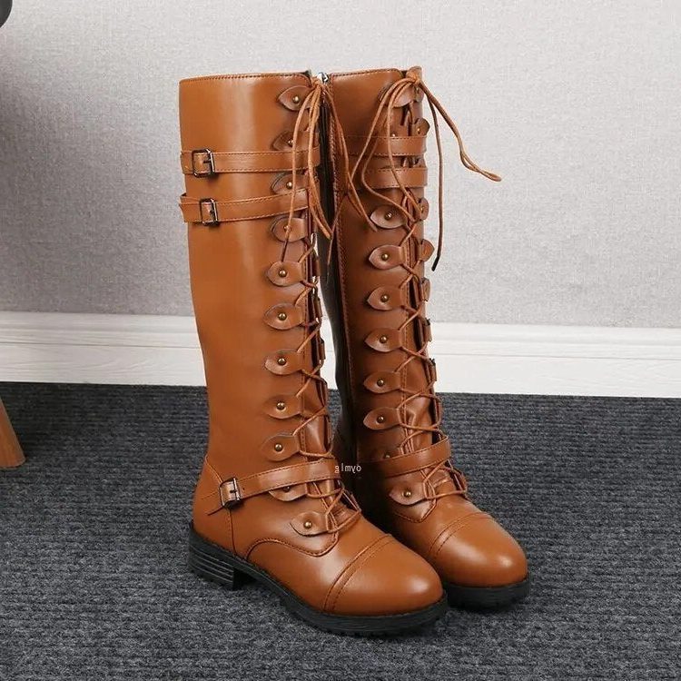 Ravelle | Women's Knee High Lace-Up Boots - Light Brown - Image 1