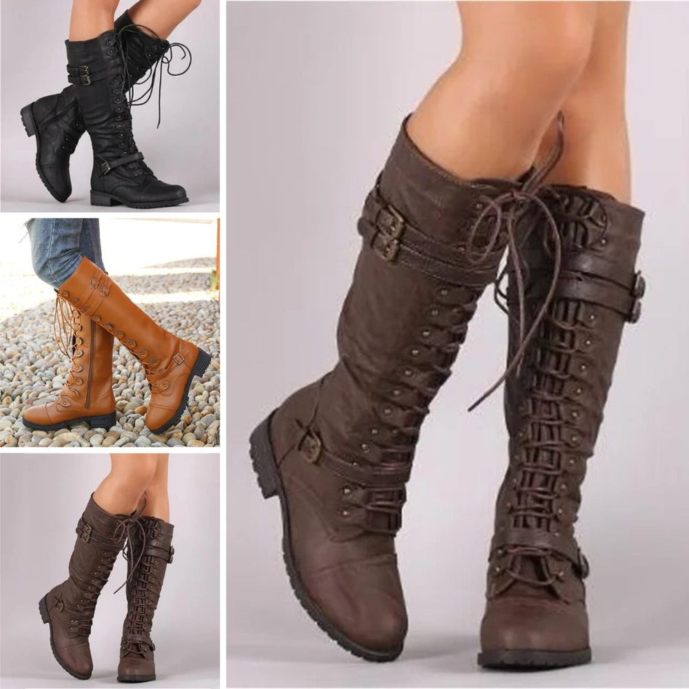 Ravelle | Women's Knee High Lace-Up Boots - Light Brown - Image 2