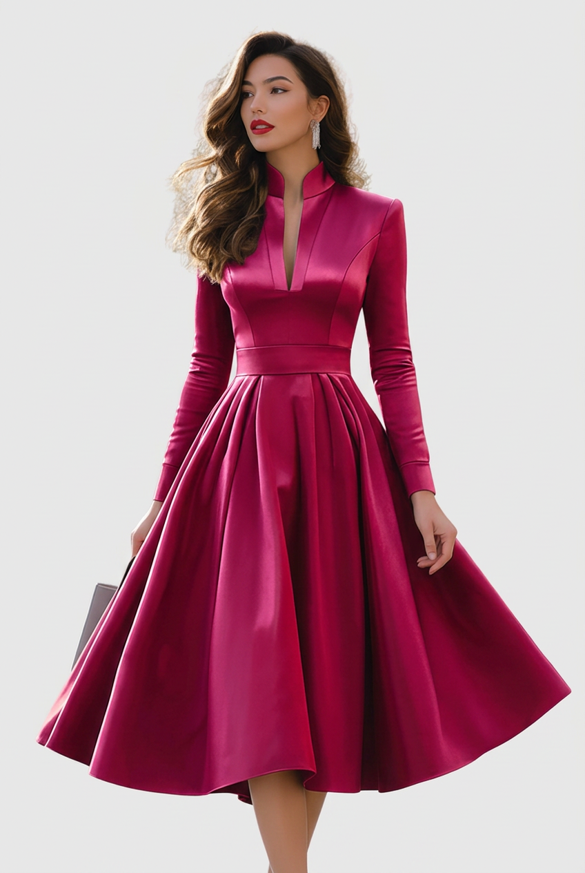 Rosalba | Women's Midi Dress Long Sleeve Pleated - Burgundy - Image 1