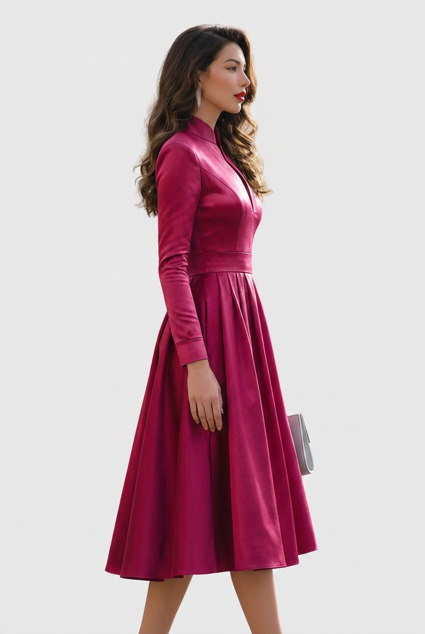 Rosalba | Women's Midi Dress Long Sleeve Pleated - Burgundy - Image 2
