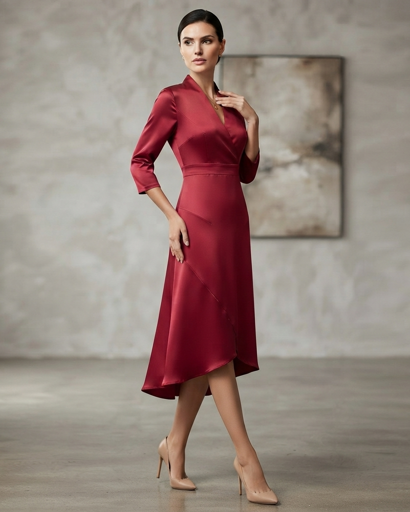 Solveth | Women's Midi Dress V-Neck High Low - Burgundy - Image 2